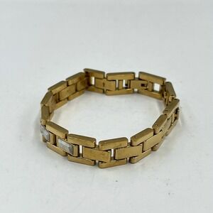 Vintage Gold Tone Rectangular Link Bracelet White Marble Inlay Fold Over Clasp